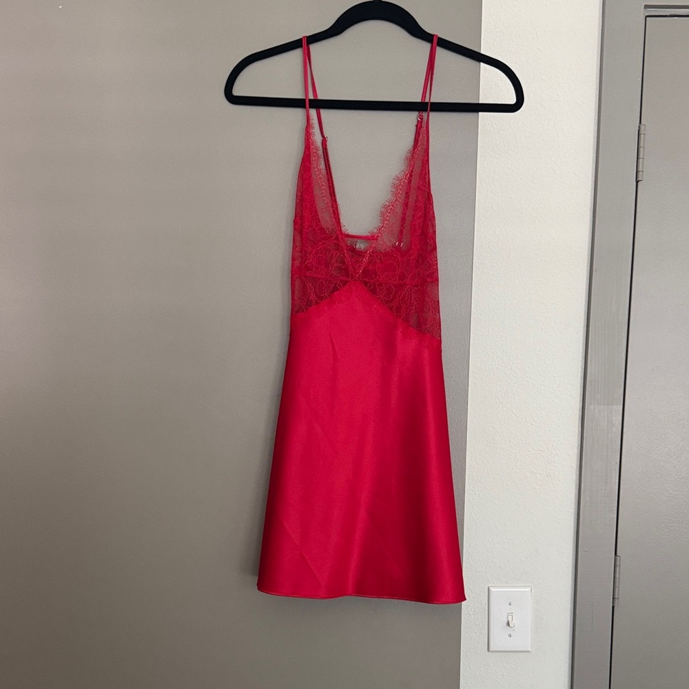 NWOT Victoria’s Secret Red Lace-Trim Satin Slip Dress, M